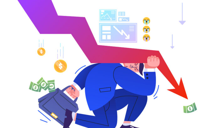 Financial crisis, business failure, economy crash, bankruptcy unpaid loan debt. Down arrow pressure on shareholder. Flat man resist losing profits. Global economic money problem,depressed entrepreneur